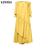 Ruffle Dress 2023 VONDA Holiday Sundress Long Sleeve Midi Irregular Hem Dress Bohemian Robe Femme Vestido