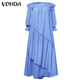 Ruffle Dress 2023 VONDA Holiday Sundress Long Sleeve Midi Irregular Hem Dress Bohemian Robe Femme Vestido