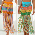 Women's Beach Cover-up Fashion Tunic bandage Bathing Suits Crocheted Rainbow Print Hollow Out Fringe bikini Skirt Dress